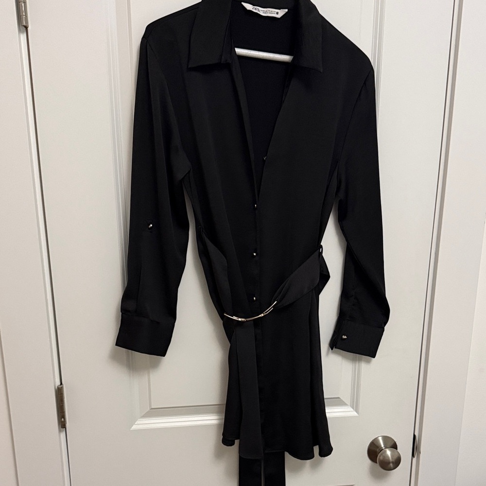 Zara Black Long Sleeve Satin Belted Shirt Dress